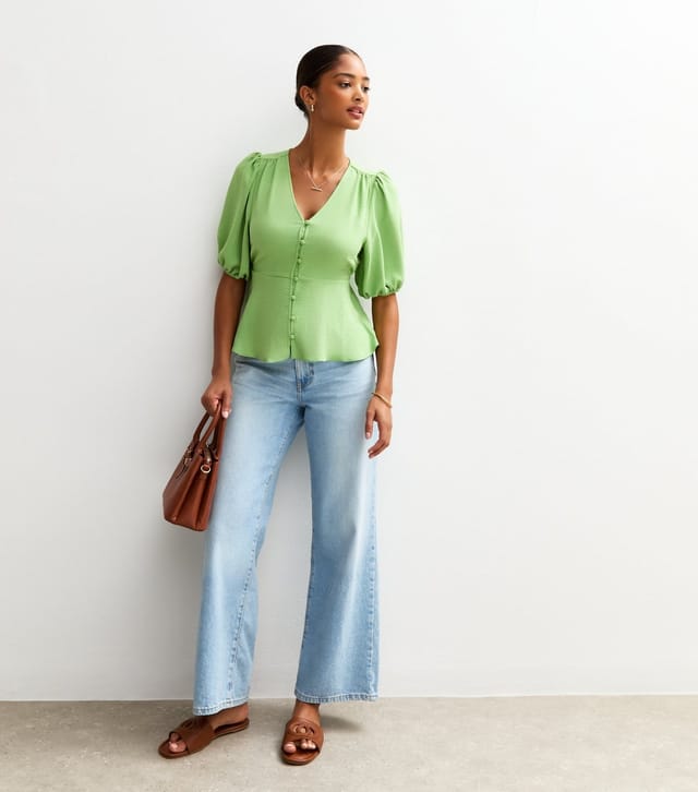 New Look Women's Green Crinkle Texture Button Detail Tea Blouse New Look - 3