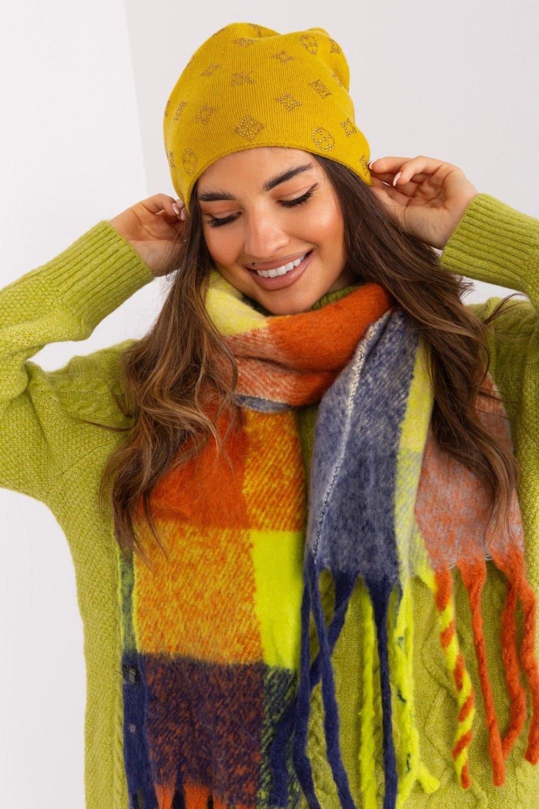 Love Lace Love Lace Women's Cashmere Warm Winter Beanie Hat With Decorative Rhinestone Trim in Yellow