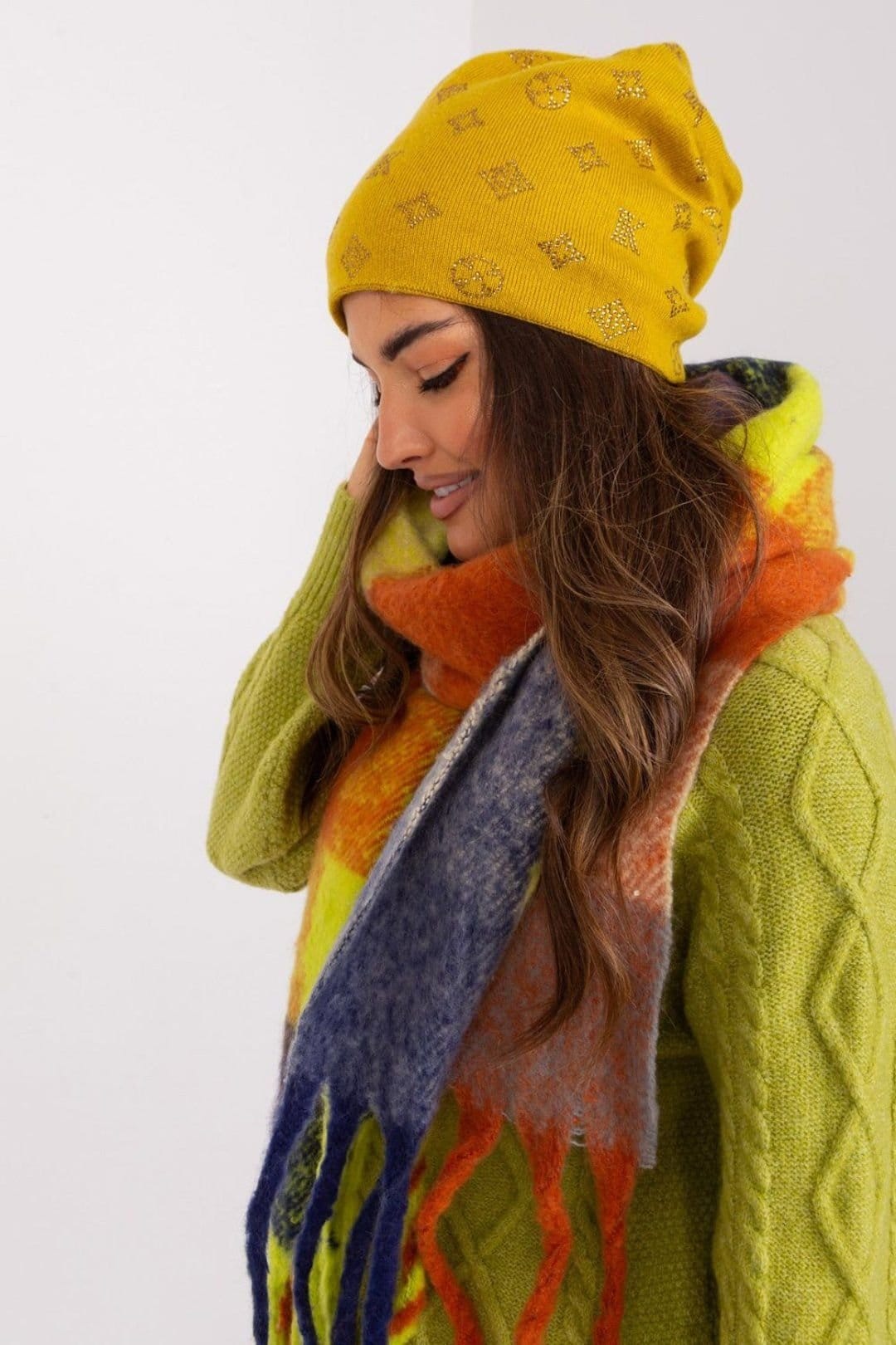 Love Lace Love Lace Women's Cashmere Warm Winter Beanie Hat With Decorative Rhinestone Trim in Yellow - 4
