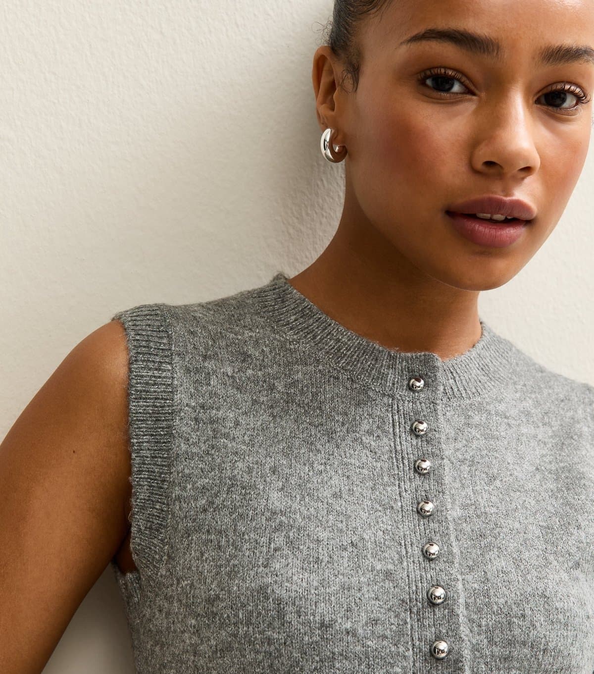 New Look Women's Petite Grey Button Up Knit Waistcoat New Look