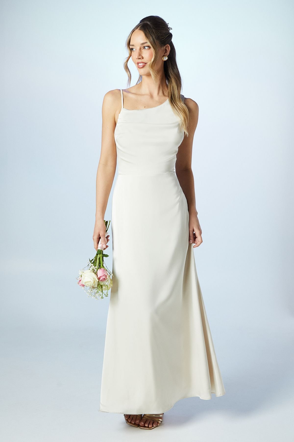 Coast Coast Women's Asymmetric Shoulder Satin Maxi Bridesmaid Dress in Champagne - 2