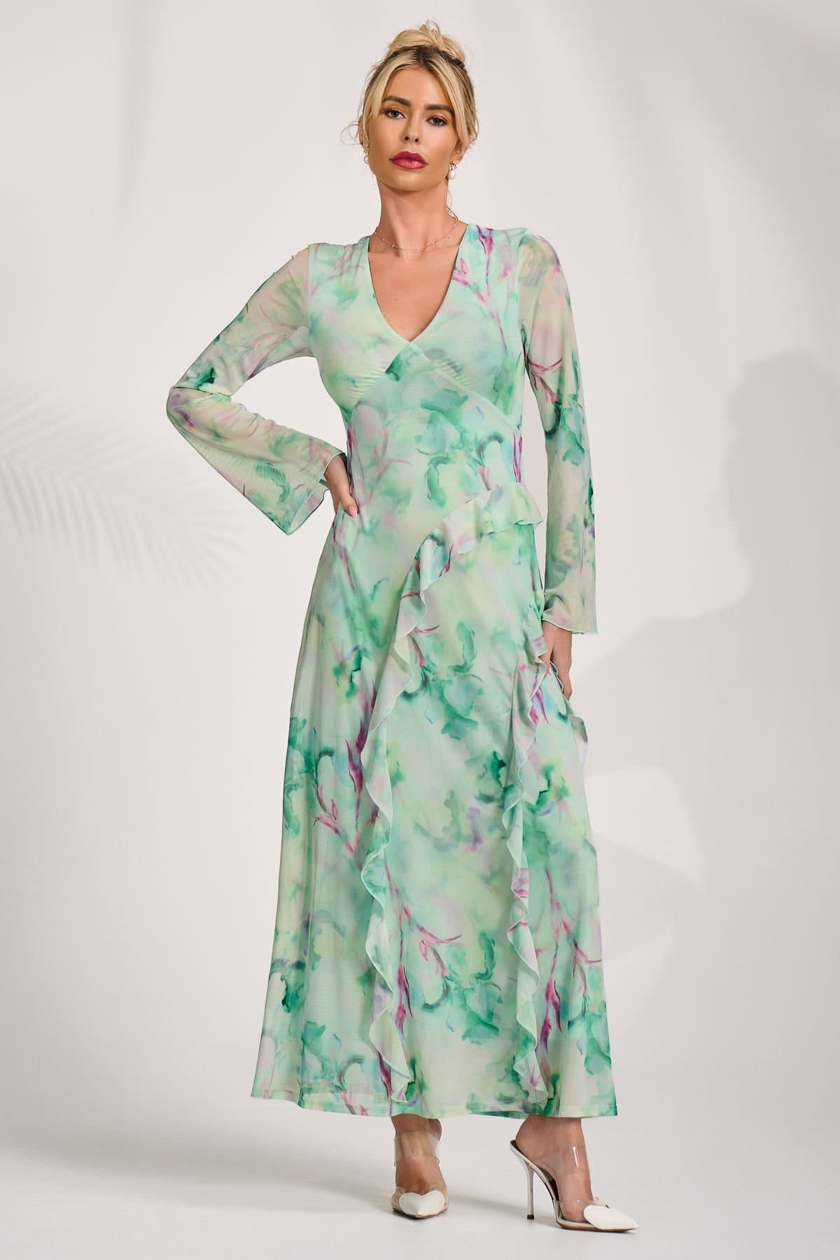 Jolie Moi Jolie Moi Women's Long Sleeve Ruffle Mesh Maxi Dress in Green