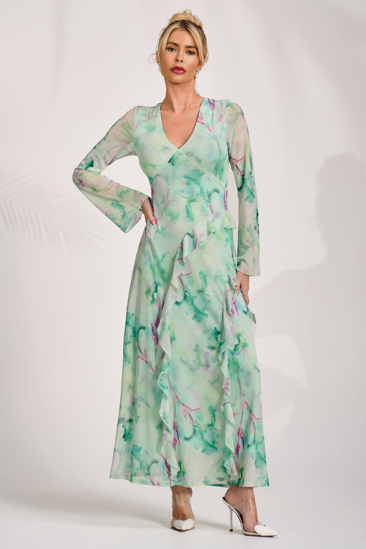 Jolie Moi Women's Long Sleeve Ruffle Mesh Maxi Dress in Green