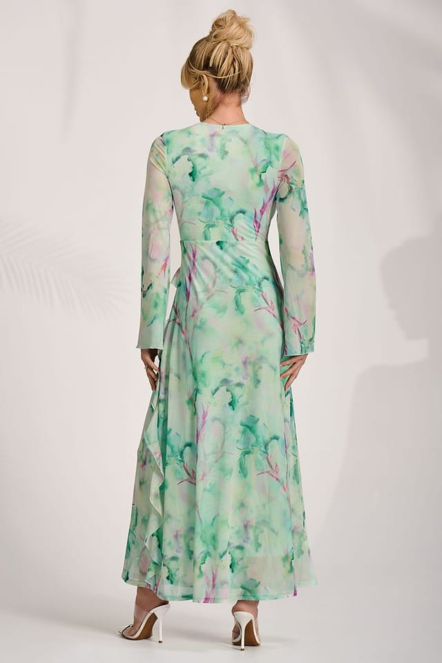 Jolie Moi Jolie Moi Women's Long Sleeve Ruffle Mesh Maxi Dress in Green - 2