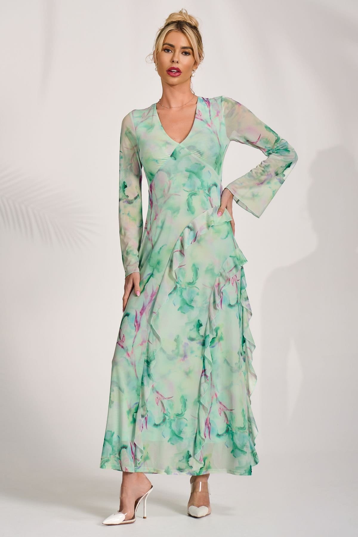 Jolie Moi Jolie Moi Women's Long Sleeve Ruffle Mesh Maxi Dress in Green - 4