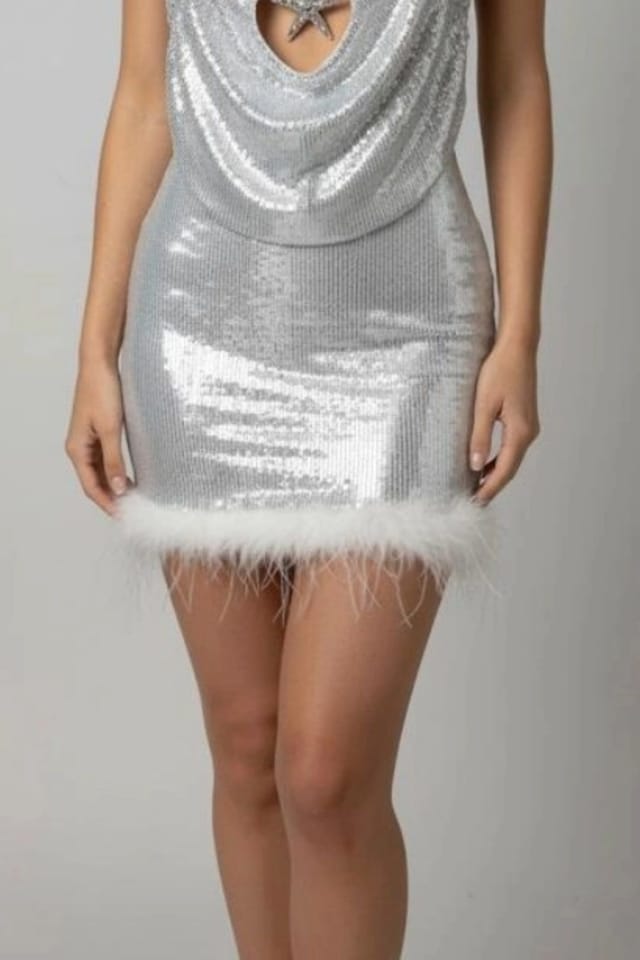 STYLEWISE STYLEWISE Women's Sequin Halter Neck Crop Top & Skirt Co-ord in Silver - 3