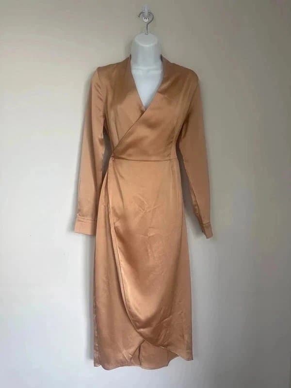 Never Fully Dressed * NEW * (shop floor) Never Fully Dressed Gold Satin Wrap Dress - Size UK 8