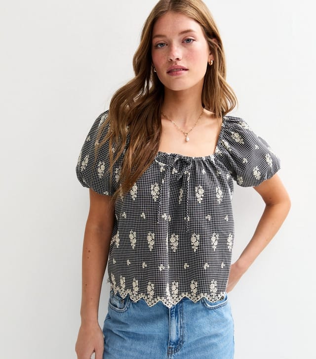 New Look Women's Black Gingham Floral Embroidered Milkmaid Top New Look - 2