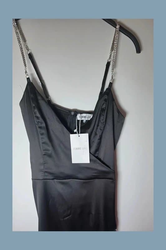 Femme Luxe Femme Luxe Satin Diamante Tassle Little Black Dress uk 10 holiday party birthday