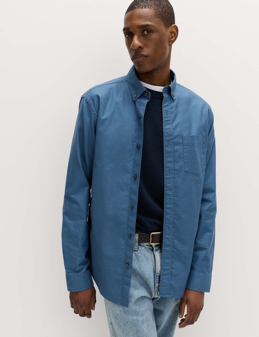 Marks & Spencer M&S Blue Cotton Rich Stretch Oxford Shirt