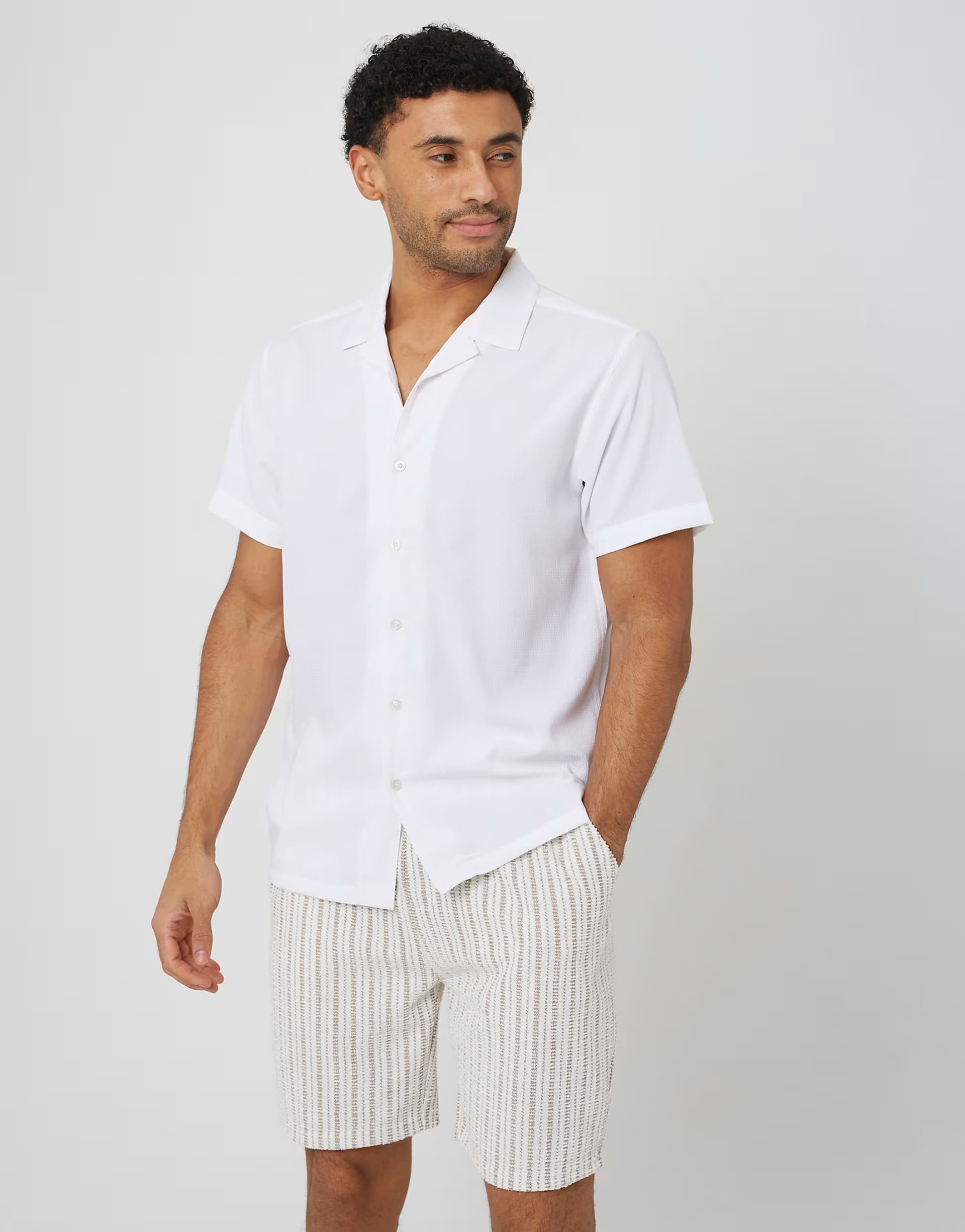 ASOS Brave Soul Textured revere collar short sleeve shirt in cream