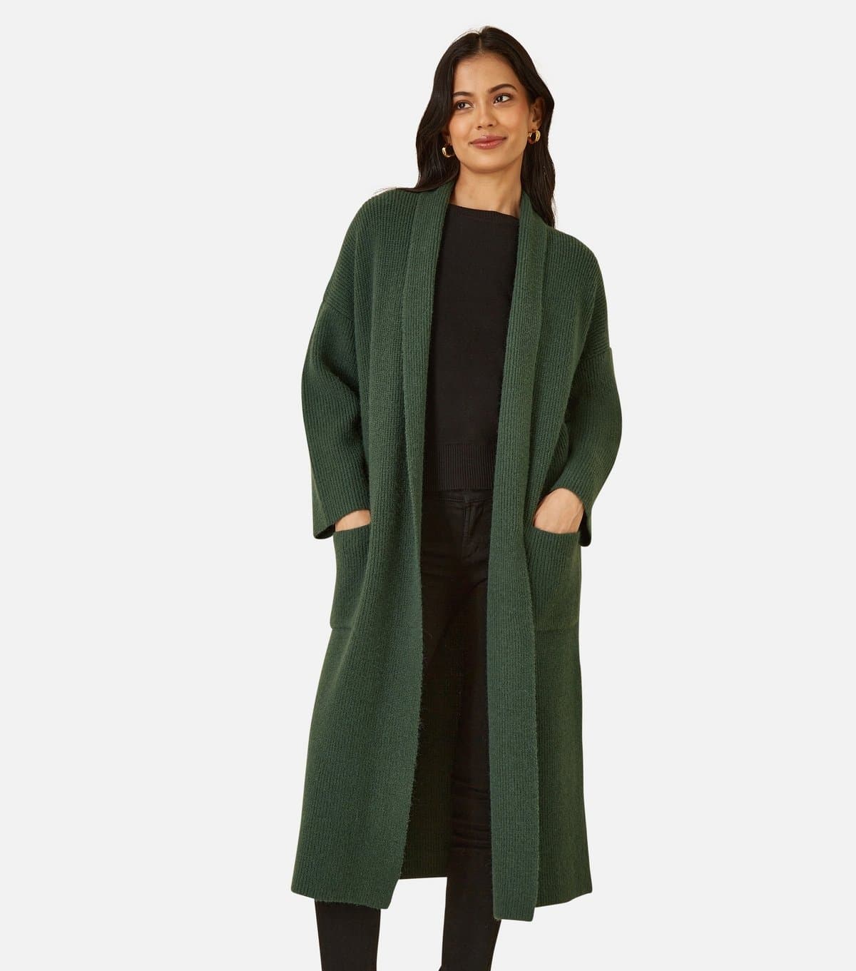 Yumi Women's Green Ribbed Pocket Longline Midi Cardigan Yumi New Look