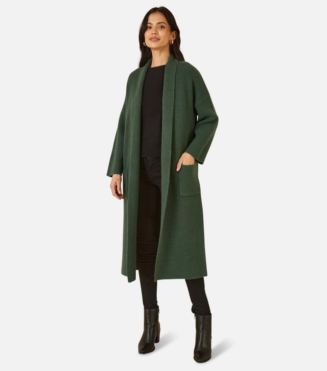Yumi Women's Green Ribbed Pocket Longline Midi Cardigan Yumi New Look - 2