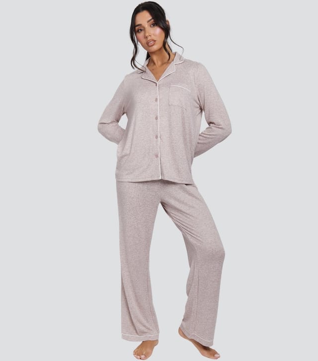 Loungeable Women's Light Brown Rib Super Soft Brushed Marl Buttoned Pyjama Set Loungeable New Look - 3