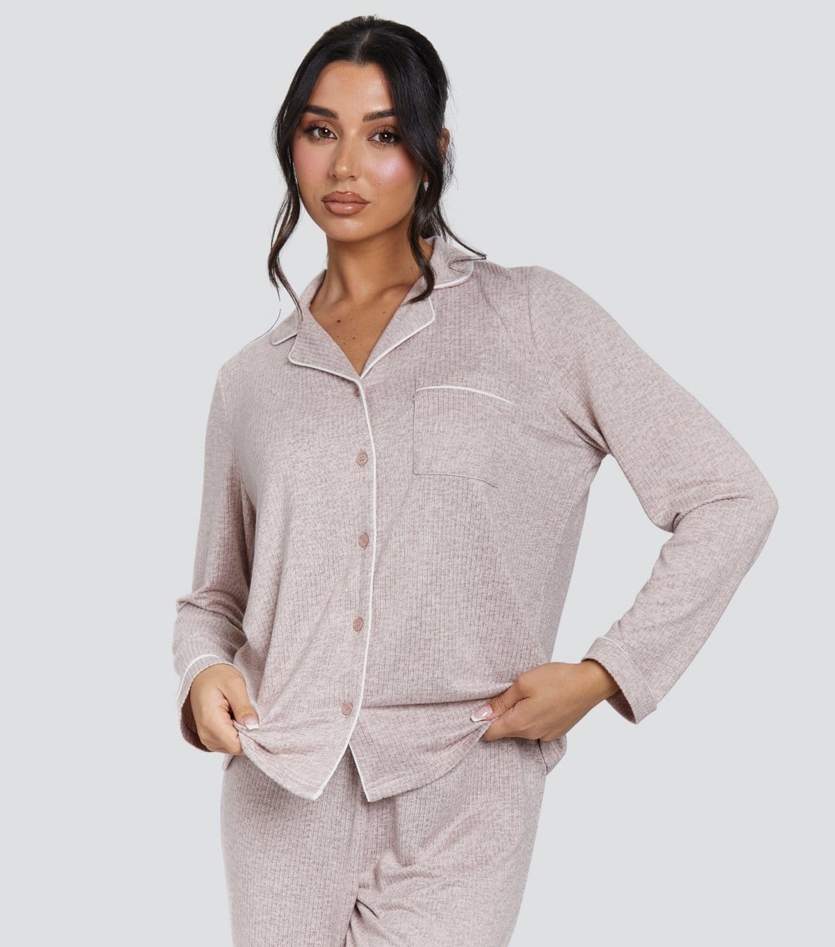 Loungeable Women's Light Brown Rib Super Soft Brushed Marl Buttoned Pyjama Set Loungeable New Look - 4