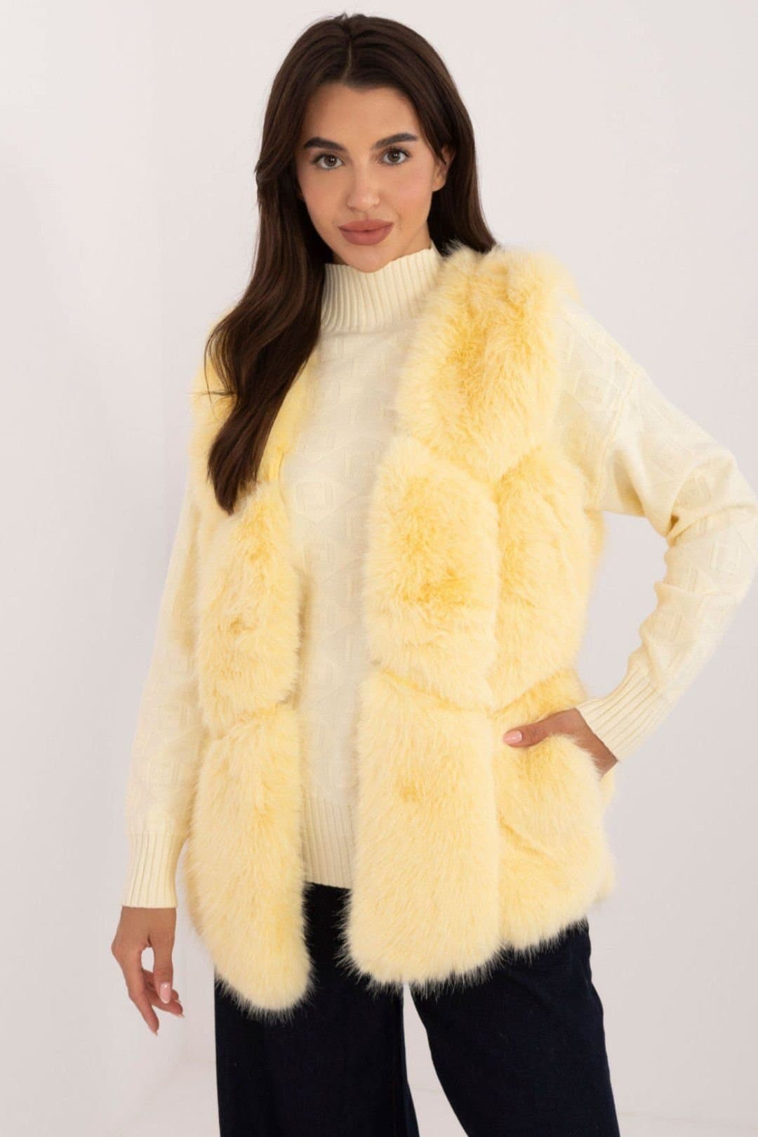Love Lace Love Lace Women's Faux Fur Lined Vest with Slip Pockets in Yellow