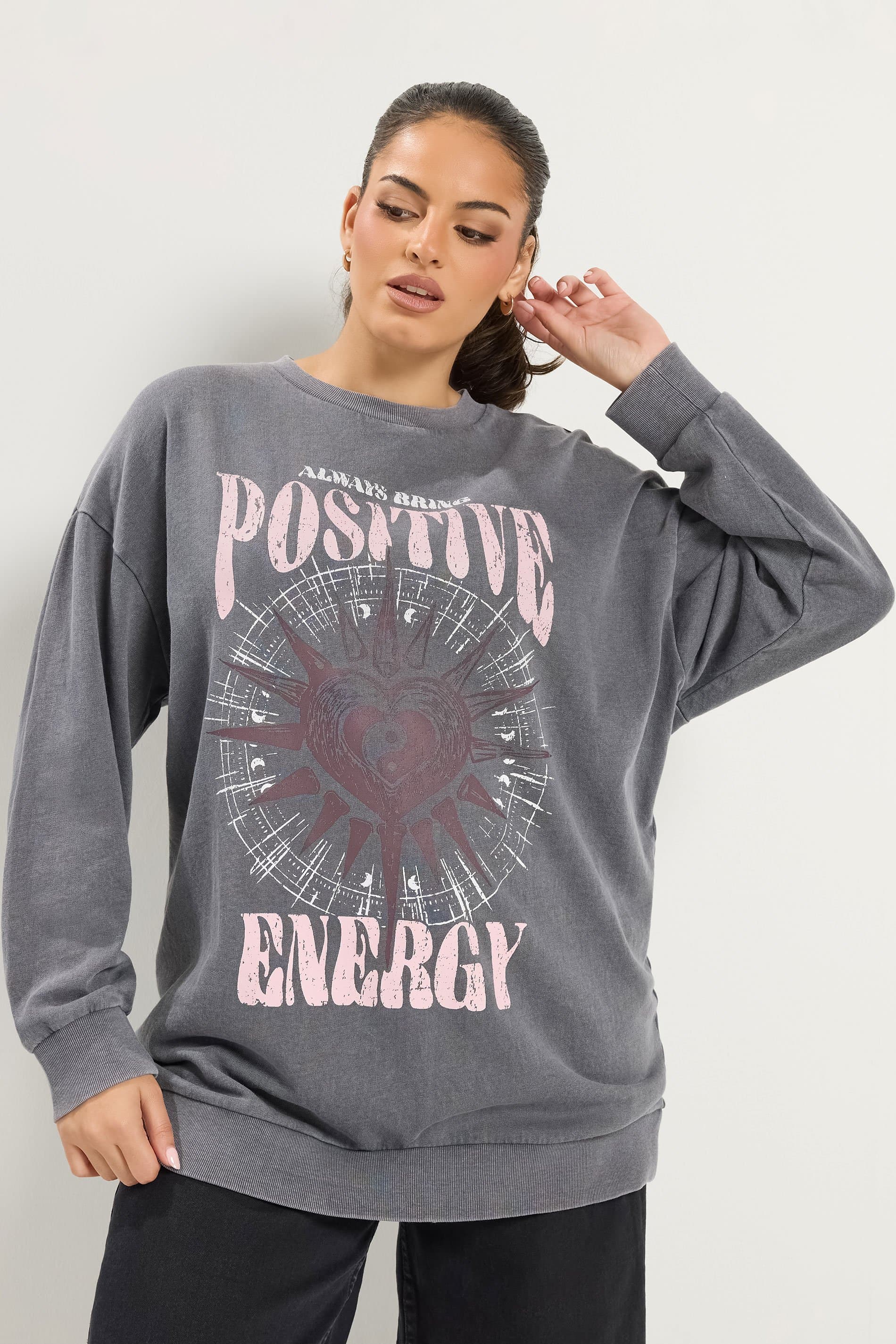 Yours Plus Size Grey Acid Wash 'Positive Energy' Sweatshirt