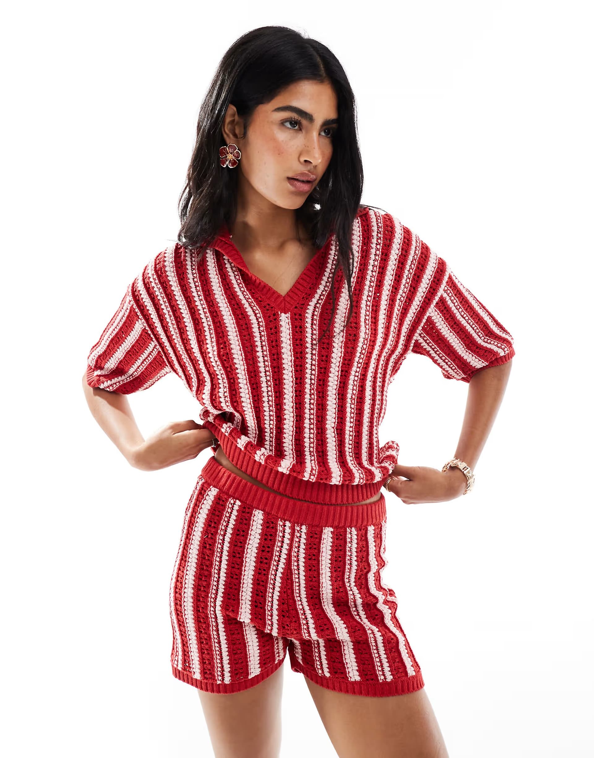 ASOS ASOS DESIGN crochet look polo top co-ord in red stripe