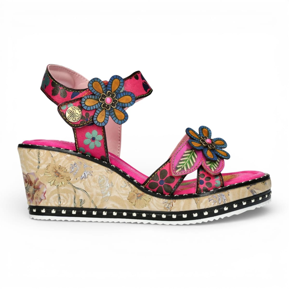 laura vita Laura Vita Women's Floral Leather Wedge Espadrille Sandals - Ballon 08 in Pink - 1