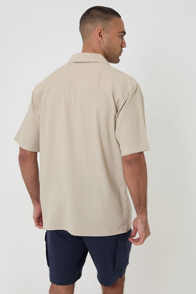 Threadbare Threadbare Men's Relaxed Fit Linen Blend Short Sleeve Shirt in Stone - 2