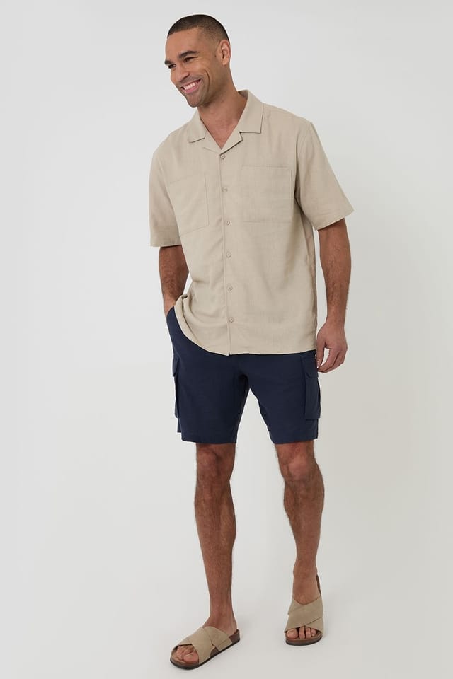 Threadbare Threadbare Men's Relaxed Fit Linen Blend Short Sleeve Shirt in Stone - 3