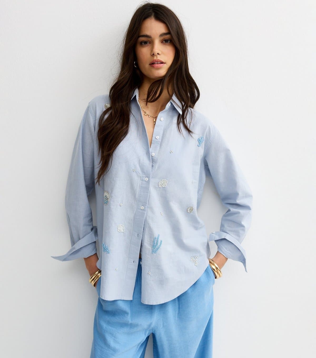New Look Women's Blue Seaside Bead Embellished Long Sleeve Shirt New Look