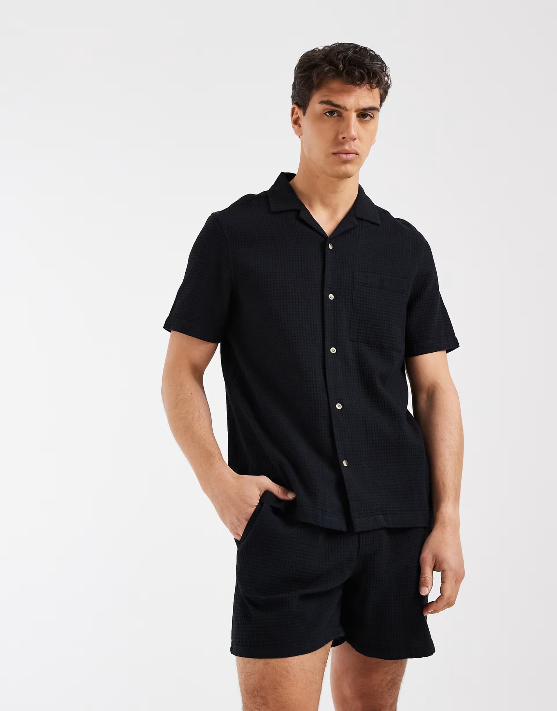 ASOS ASOS DESIGN co-ord regular fit revere waffle shirt in black