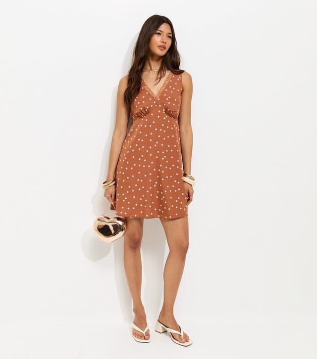 New Look Women's Brown Polka Dot Lace Trim Sleeveless Mini Dress New Look - 2