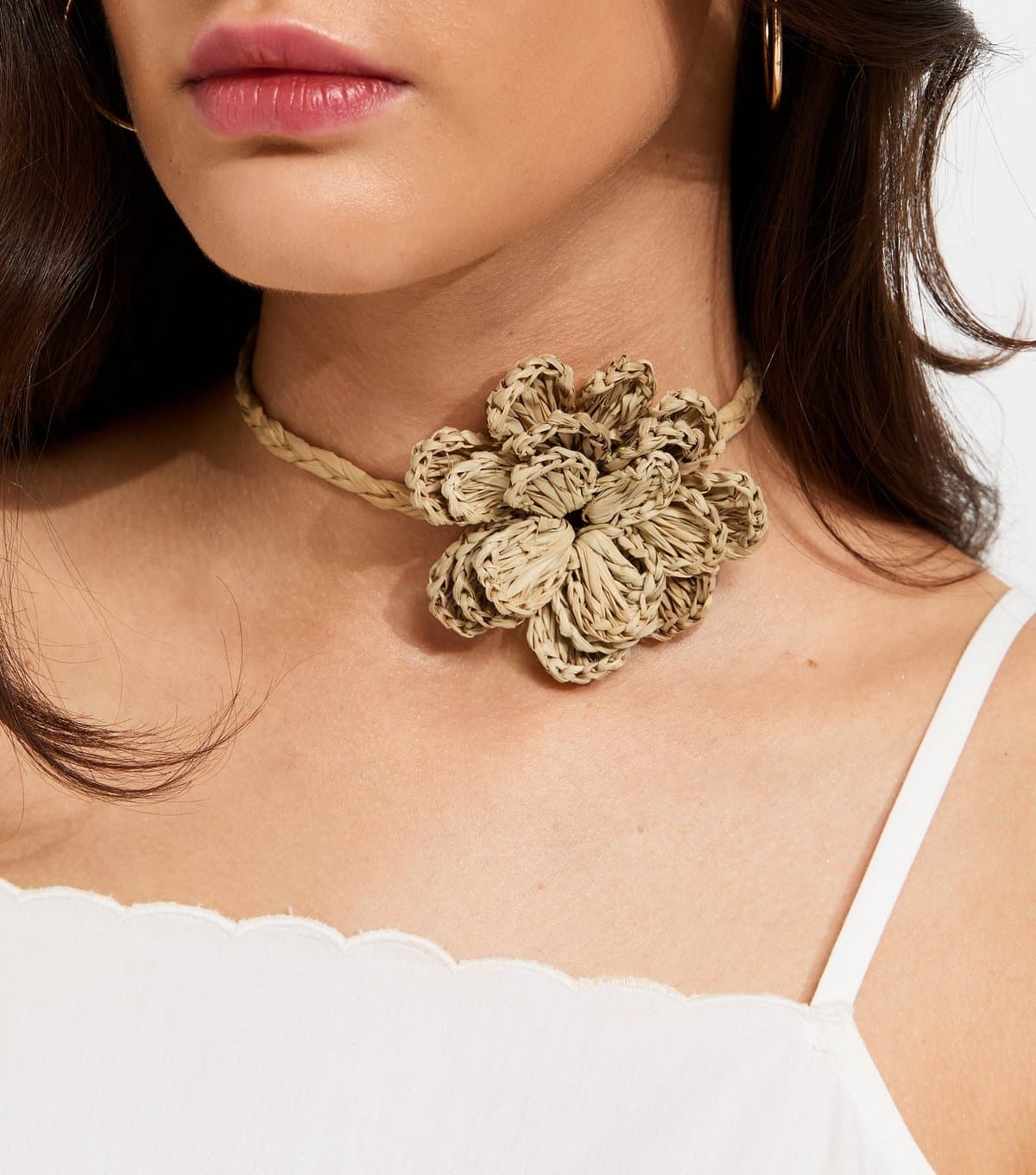 New Look New Look Stone Large Raffia Flower Choker Necklace