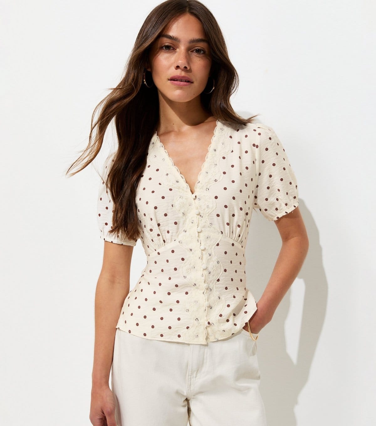 New Look Brown Spot Print Lace Trim Tea Blouse