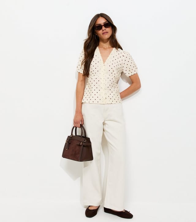 New Look Women's Petite Brown Spot Print Lace Trim Tea Blouse New Look - 3