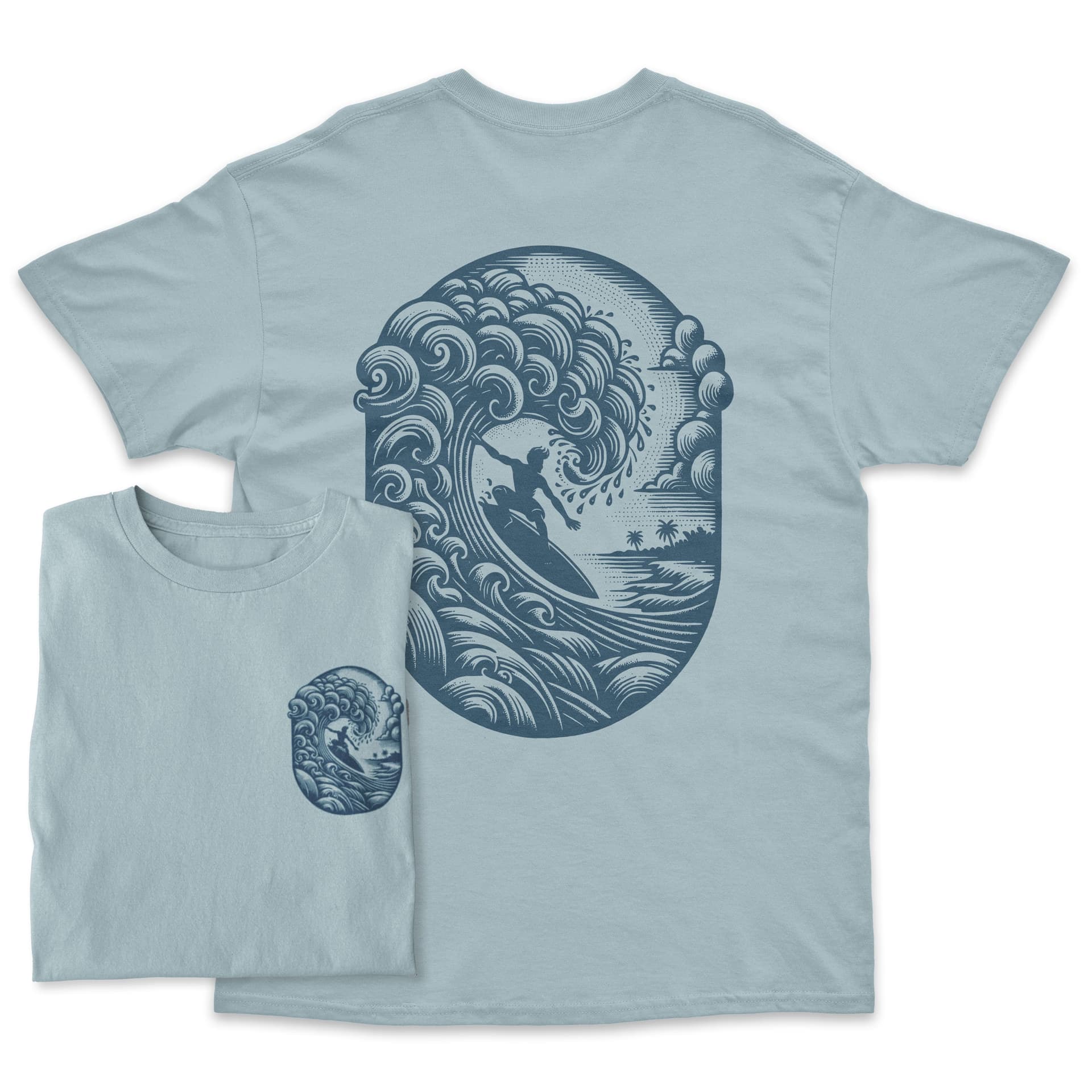 Bad Zebedee Bad Zebedee Men's Summer Surfer Back Print T-Shirt in Pale Blue