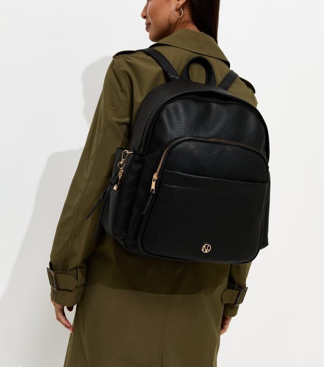New Look Black Faux Leather Front Pocket Backpack School Vegan New Look - 2