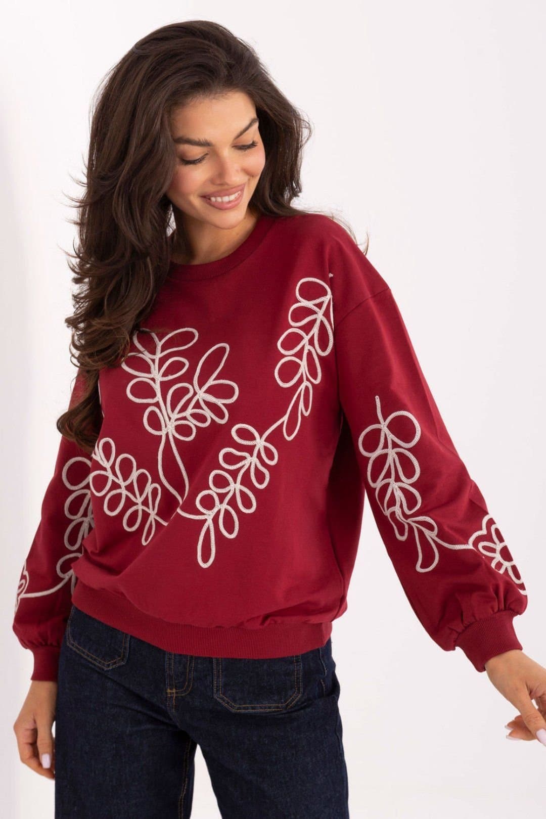 Love Lace Love Lace Women's Soft Cotton Embroidered Long Sleeve Blouse in Red