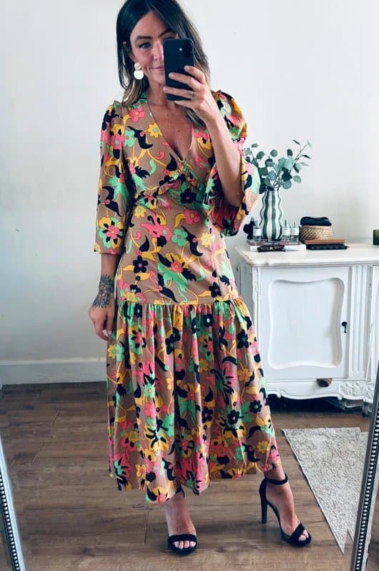 Never Fully Dressed Never Fully Dressed tan pink yellow green retro print midi dress size 8