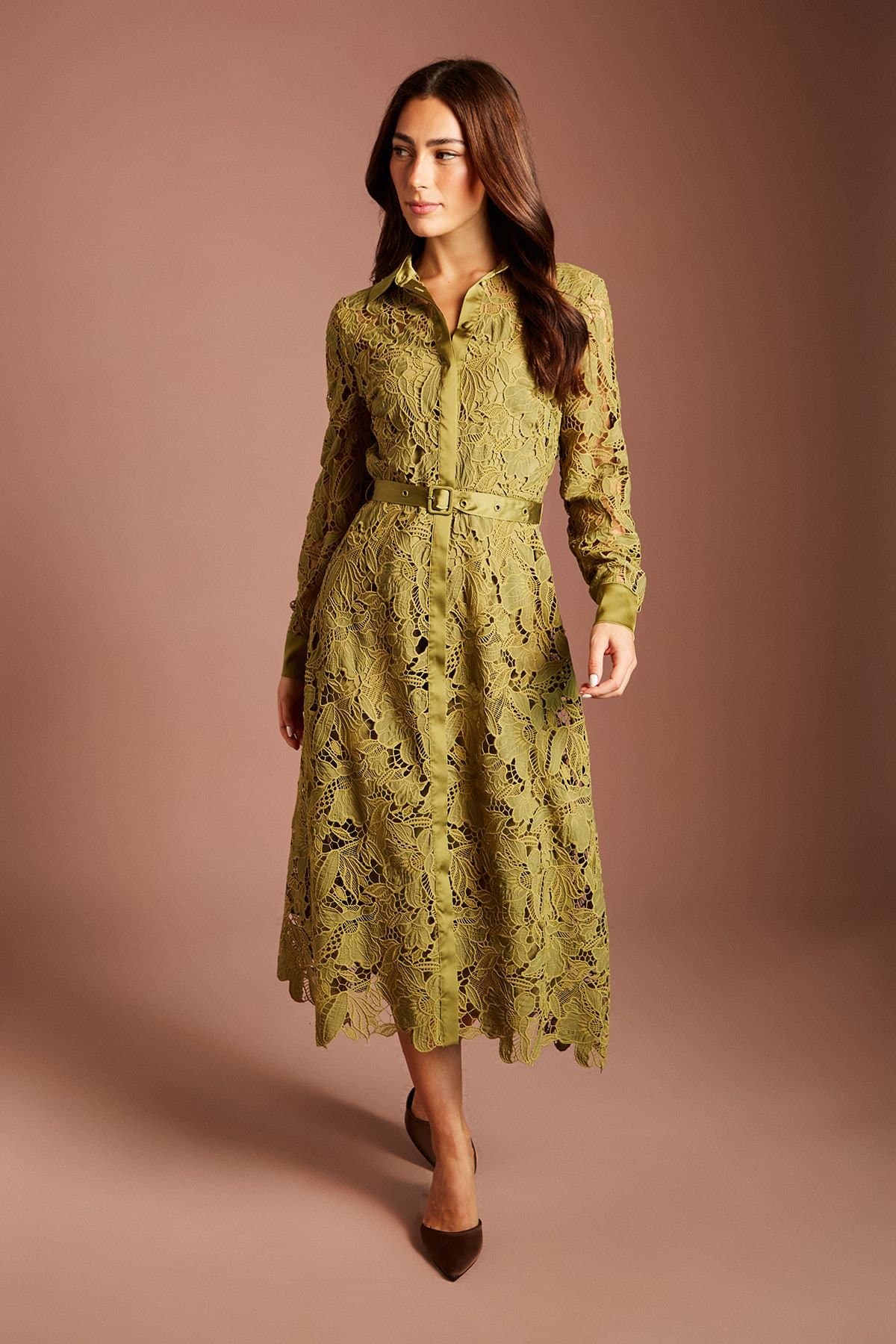 Coast Coast Women's Lace Shirt Midi Dress in Olive