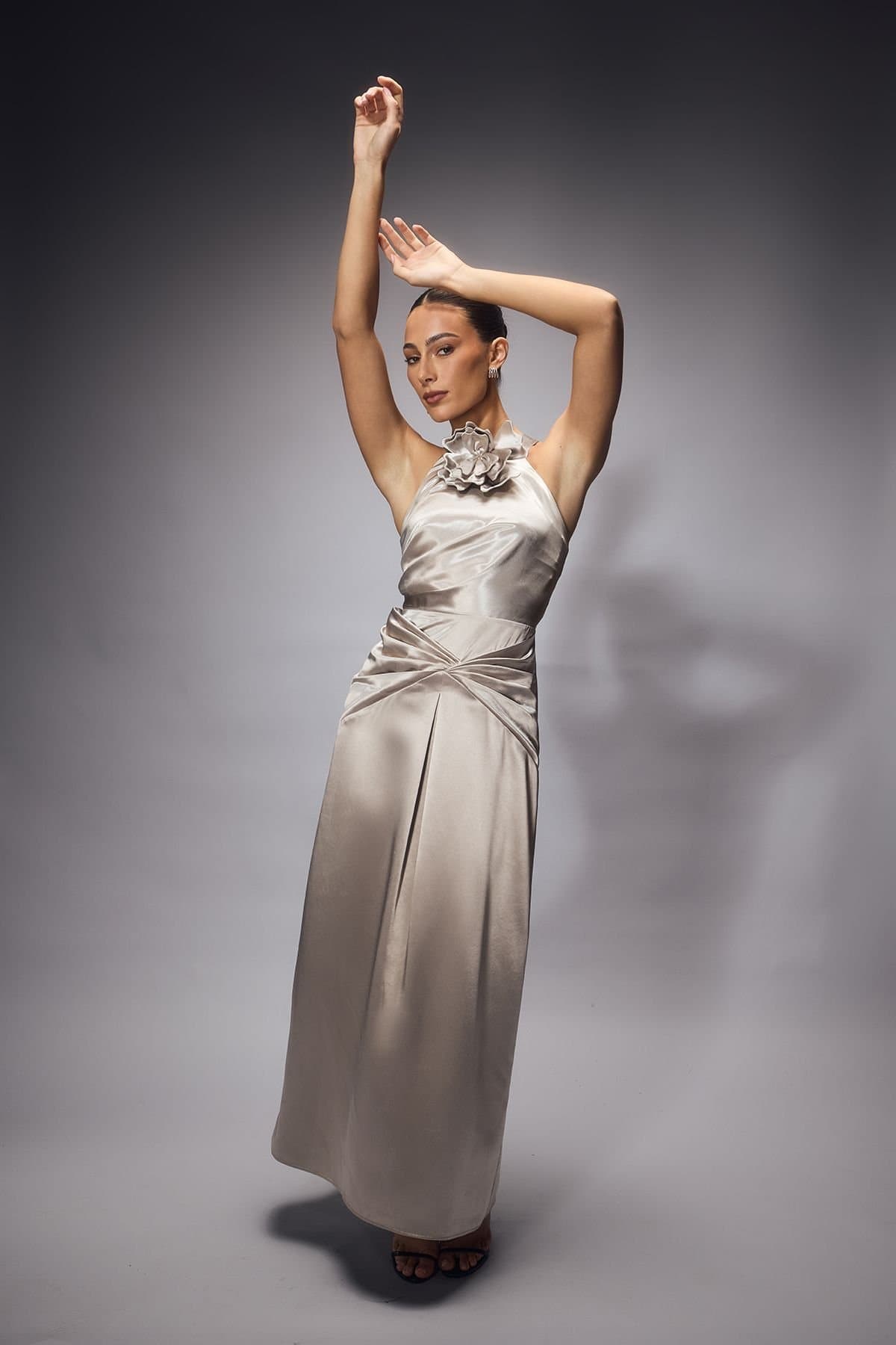 Coast Coast Women's 3D Corsage Halterneck Drape Satin Maxi Dress in Silver