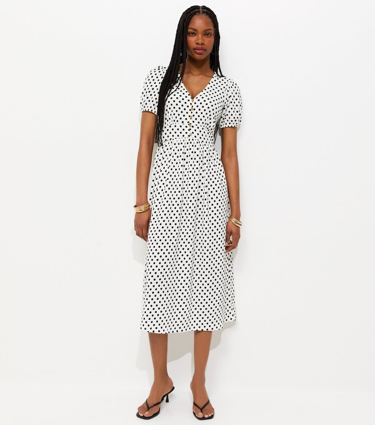 New Look Women's Cream Polka Dot Short Sleeve Midi Dress New Look