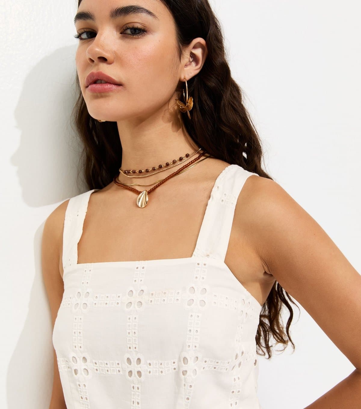 New Look New Look Off White Cotton Grid Lace Cropped Cami Top