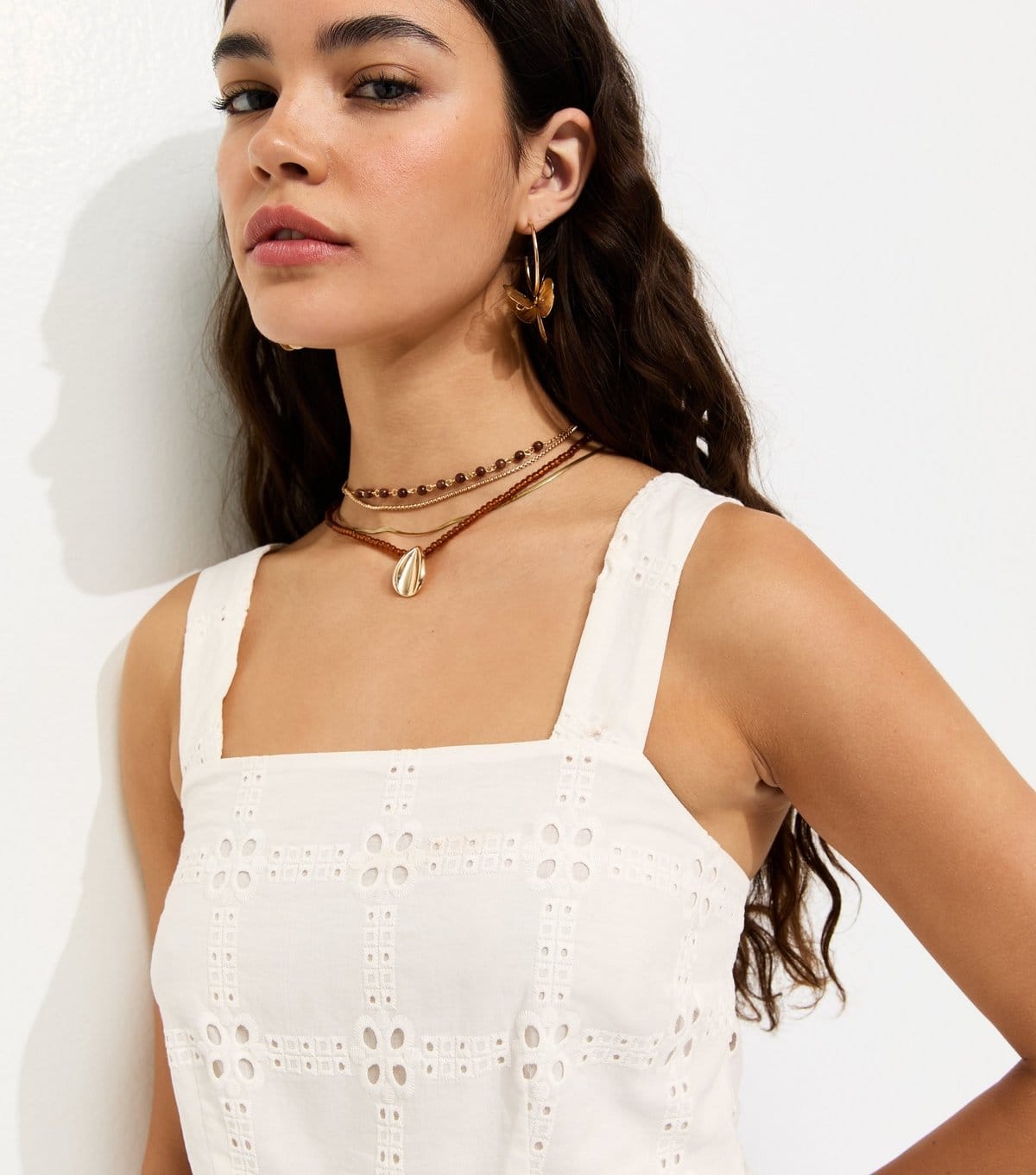 New Look Off White Cotton Grid Lace Cropped Cami Top