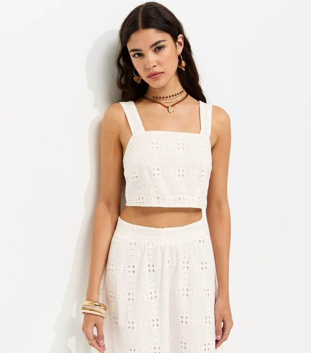 New Look Women's Off White Cotton Grid Lace Cropped Cami Top New Look - 2