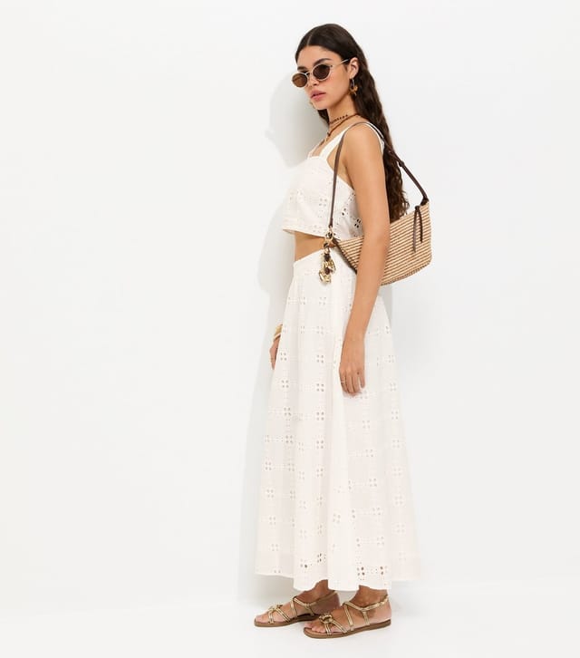 New Look Women's Off White Cotton Grid Lace Cropped Cami Top New Look - 3