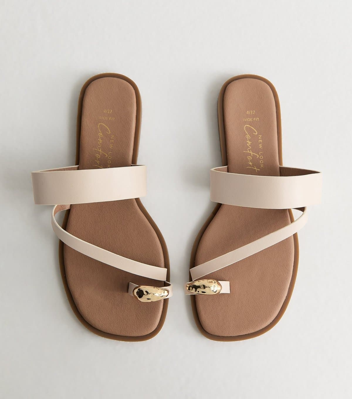 New Look Women's Wide Fit Off White Faux Leather Metal Toe Ring Mules Vegan New Look