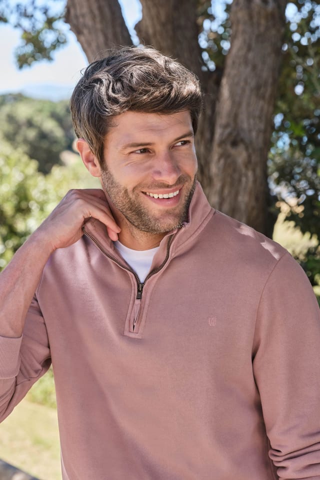 WoolOvers WoolOvers Men's Cotton Half Zip Jumper in Pink - 2