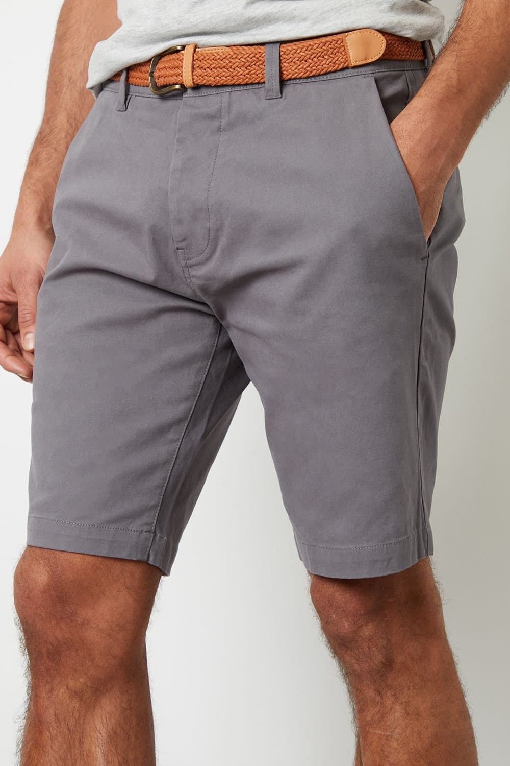 Threadbare Threadbare Men's 'Conta' Cotton Turn-Up Chino Shorts with Woven Belt in Mid Grey