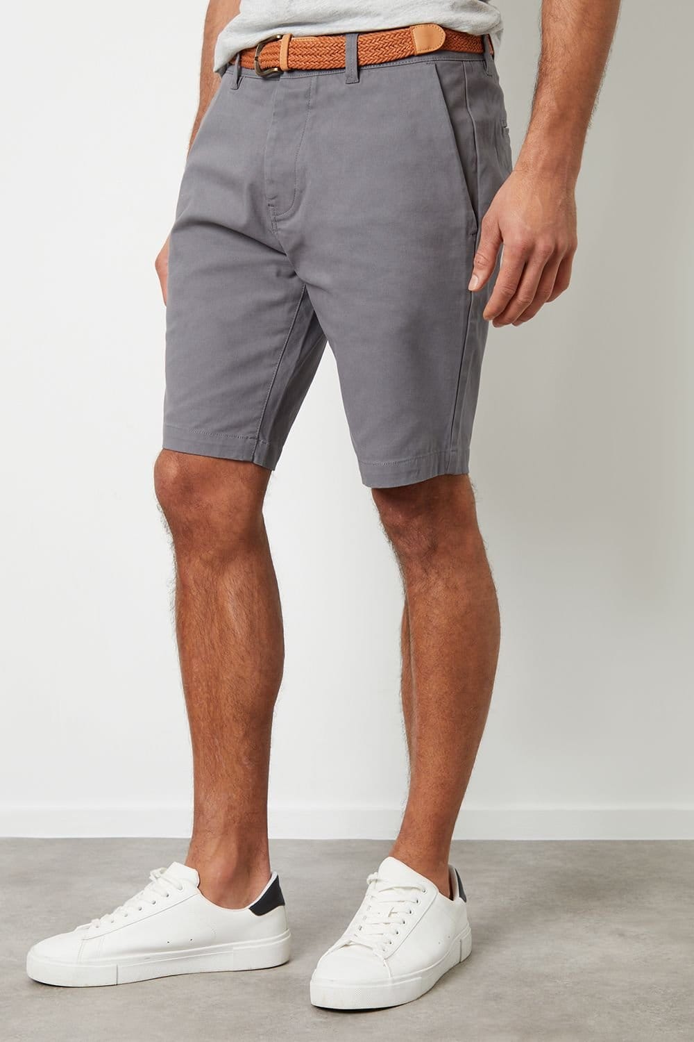 Threadbare Threadbare Men's 'Conta' Cotton Turn-Up Chino Shorts with Woven Belt in Mid Grey - 4