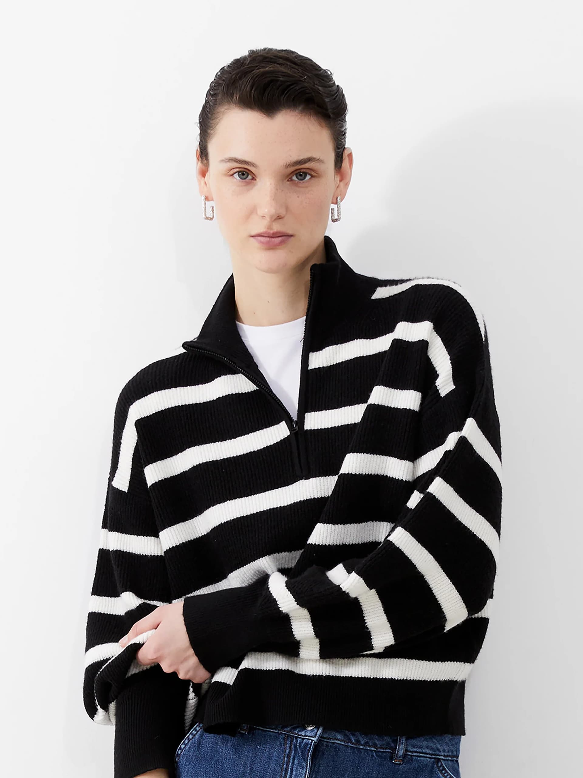 French Connection Vhari Recycled Stripe Half Zip Jumper Black/Winter White