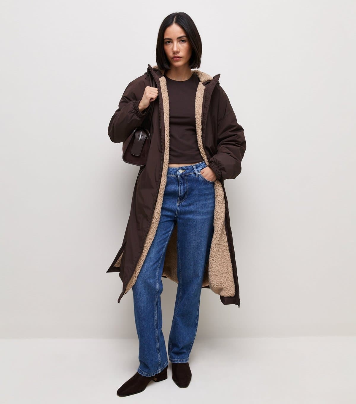 New Look Women's Dark Brown Faux Fleece Lined Long Line Raincoat New Look