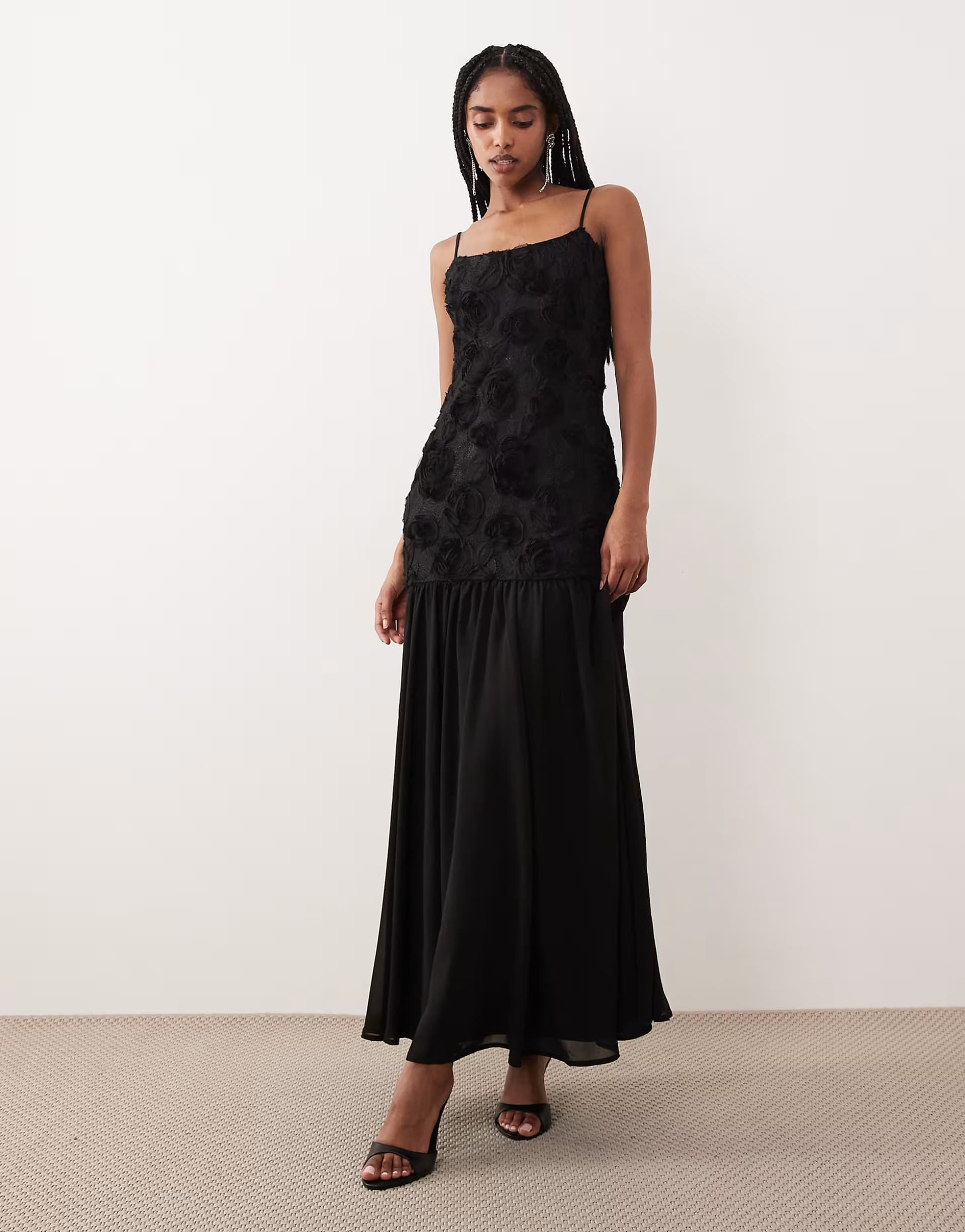 ASOS Gina Tricot embroidery dropped waist midi dress in black