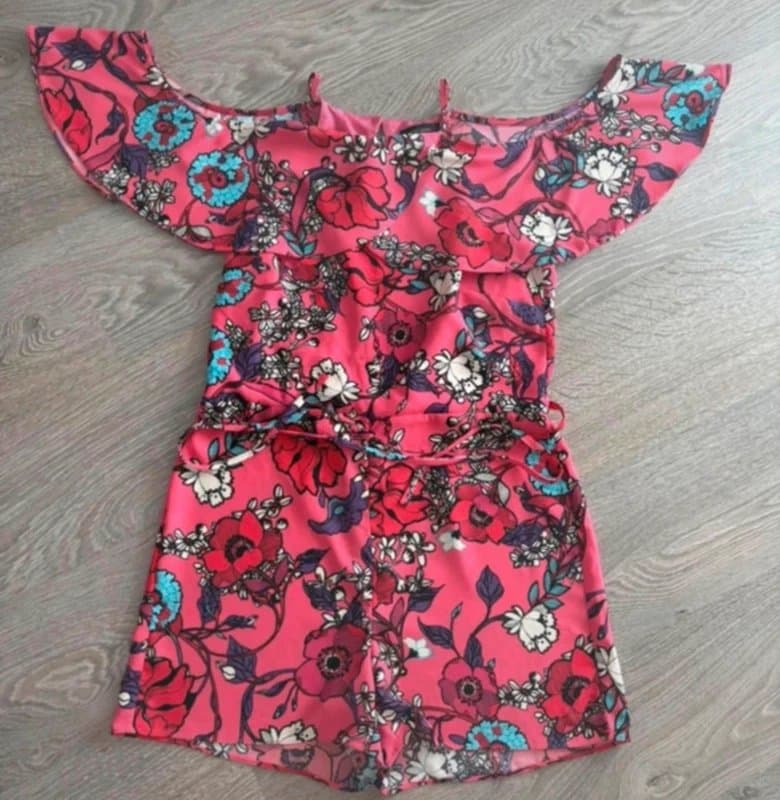River Island River Island Pink Floral Playsuit Size 14 Off Shoulder Frill Tie Waist Summer Holiday Festival